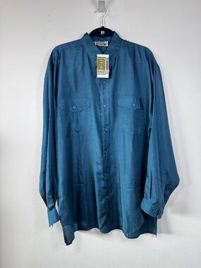 Silk Blue Long-Sleeve Casual Button-Down Shirt Large